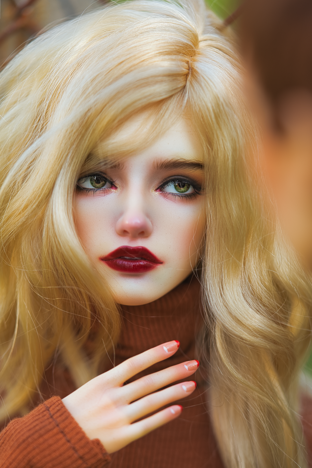 A female doll with long blonde hair, dark red lips wearing a flowy floral top